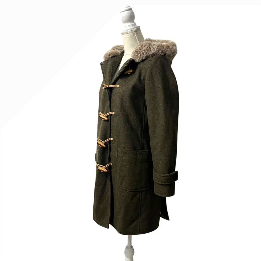 J.Crew Olive‎ Wool Toggle Duffle Coat with Shearling Trimmed Hood – Women's XS - Picture 5 of 6